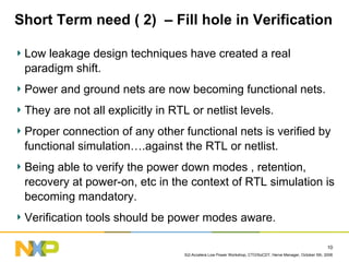 Si2-Accelera Low Power Workshop, CTO/SoCDT, Herve Menager, October 5th, 2006
10
Short Term need ( 2) – Fill hole in Verification
Low leakage design techniques have created a real
paradigm shift.
Power and ground nets are now becoming functional nets.
They are not all explicitly in RTL or netlist levels.
Proper connection of any other functional nets is verified by
functional simulation….against the RTL or netlist.
Being able to verify the power down modes , retention,
recovery at power-on, etc in the context of RTL simulation is
becoming mandatory.
Verification tools should be power modes aware.
 