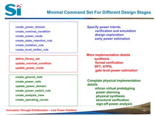 – 12 –Innovation Through Collaboration – 12 –Innovation Through Collaboration – Low Power Coalition
Minimal Command Set For Different Design Stages
create_power_domain
create_nominal_condition
create_power_mode
create_state_retention_rule
create_isolation_rule
create_level_shifter_rule
define_library_set
update_nominal_condition
update_power_mode
create_ground_nets
create_power_nets
update_power_domain
create_power_switch_rule
create_analysis_view
create_operating_corner
Specify power intents
verification and simulation
design exploration
early power estimation
More implementation details
synthesis
formal verification
DFT, ATPG,
gate level power estimation
Complete physical implementation
details
silicon virtual prototyping
power planning
physical synthesis
structural verification
sign-off power analysis
 