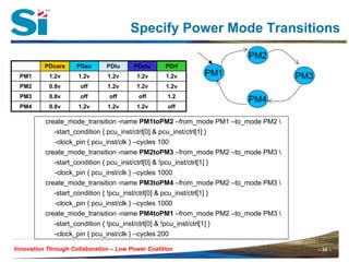 – 24 –Innovation Through Collaboration – 24 –Innovation Through Collaboration – Low Power Coalition
Specify Power Mode Transitions
create_mode_transition -name PM1toPM2 –from_mode PM1 –to_mode PM2 
-start_condition { pcu_inst/ctrl[0] & pcu_inst/ctrl[1] }
-clock_pin { pcu_inst/clk } –cycles 100
create_mode_transition -name PM2toPM3 –from_mode PM2 –to_mode PM3 
-start_condition { pcu_inst/ctrl[0] & !pcu_inst/ctrl[1] }
-clock_pin { pcu_inst/clk } –cycles 1000
create_mode_transition -name PM3toPM4 –from_mode PM2 –to_mode PM3 
-start_condition { !pcu_inst/ctrl[0] & pcu_inst/ctrl[1] }
-clock_pin { pcu_inst/clk } –cycles 1000
create_mode_transition -name PM4toPM1 –from_mode PM2 –to_mode PM3 
-start_condition { !pcu_inst/ctrl[0] & !pcu_inst/ctrl[1] }
-clock_pin { pcu_inst/clk } –cycles 200
PDcore PDau PDlu PDalu PDrf
PM1 1.2v
0.8v
PM3 0.8v off off off 1.2
PM4 0.8v 1.2v 1.2v 1.2v off
1.2v 1.2v 1.2v
PM2
1.2v
1.2v 1.2v 1.2voff
PM1
PM2
PM3
PM4
 