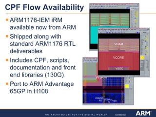 Confidential
CPF Flow Availability
VRAM
VDDCO
RE VDDRA
M VSS
VRAM
VCORE
VSOC
ARM1176-IEM iRM
available now from ARM
Shipped along with
standard ARM1176 RTL
deliverables
Includes CPF, scripts,
documentation and front
end libraries (130G)
Port to ARM Advantage
65GP in H108
 