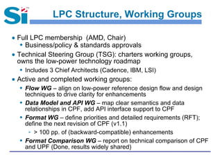 LPC Structure, Working Groups
● Full LPC membership (AMD, Chair)
 Business/policy & standards approvals
● Technical Steering Group (TSG): charters working groups,
owns the low-power technology roadmap
 Includes 3 Chief Architects (Cadence, IBM, LSI)
● Active and completed working groups:
 Flow WG – align on low-power reference design flow and design
techniques to drive clarity for enhancements
 Data Model and API WG – map clear semantics and data
relationships in CPF, add API interface support to CPF
 Format WG – define priorities and detailed requirements (RFT);
define the next revision of CPF (v1.1)
 > 100 pp. of (backward-compatible) enhancements
 Format Comparison WG – report on technical comparison of CPF
and UPF (Done, results widely shared)
 