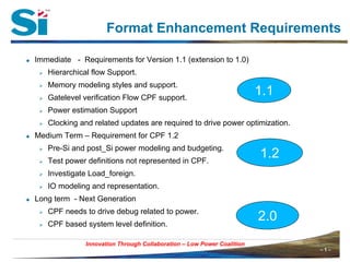 – 1 –Innovation Through Collaboration – 1 –
Innovation Through Collaboration – Low Power Coalition
Format Enhancement Requirements
Immediate - Requirements for Version 1.1 (extension to 1.0)
Hierarchical flow Support.
Memory modeling styles and support.
Gatelevel verification Flow CPF support.
Power estimation Support
Clocking and related updates are required to drive power optimization.
Medium Term – Requirement for CPF 1.2
Pre-Si and post_Si power modeling and budgeting.
Test power definitions not represented in CPF.
Investigate Load_foreign.
IO modeling and representation.
Long term - Next Generation
CPF needs to drive debug related to power.
CPF based system level definition.
1.1
1.2
2.0
 
