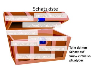 Schatzkiste
www.digikomp.at
www.bilderpool.at
http://kulturpool.at
http://learningapps.org
http://imslp.org
http://de.slideshare.net
http://schule.at
http://oe1.orf.at/schule
Teile deinen
Schatz auf
www.virtuelle-
ph.at/oer
 