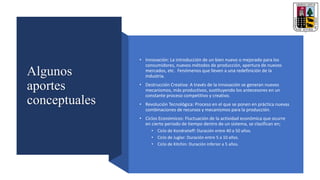 Algunos
aportes
conceptuales
• Innovación: La introducción de un bien nuevo o mejorado para los
consumidores, nuevos métodos de producción, apertura de nuevos
mercados, etc. Fenómenos que lleven a una redefinición de la
industria.
• Destrucción Creativa: A través de la innovación se generan nuevos
mecanismos, más productivos, sustituyendo los antecesores en un
constante proceso competitivo y creativo.
• Revolución Tecnológica: Proceso en el que se ponen en práctica nuevas
combinaciones de recursos y mecanismos para la producción.
• Ciclos Económicos: Fluctuación de la actividad económica que ocurre
en cierto periodo de tiempo dentro de un sistema, se clasifican en;
• Ciclo de Kondratieff: Duración entre 40 a 50 años.
• Ciclo de Juglar: Duración entre 5 a 10 años.
• Ciclo de Kitchin: Duración inferior a 5 años.
 