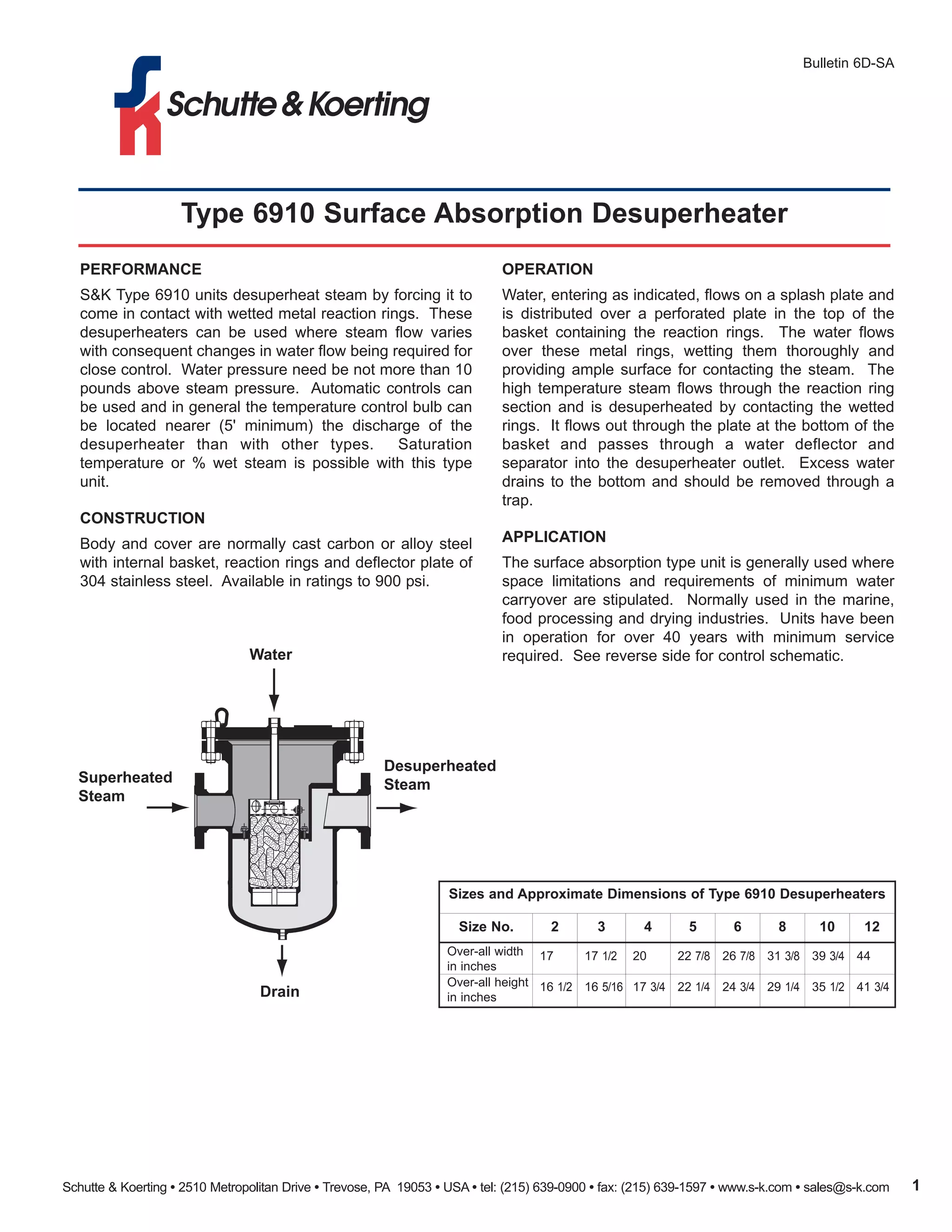 1
Type 6910 Surface Absorption Desuperheater
Bulletin 6D-SA
perfOrmANce
S&K Type 6910 units desuperheat steam by forcing it to
come in contact with wetted metal reaction rings. These
desuperheaters can be used where steam flow varies
with consequent changes in water flow being required for
close control. Water pressure need be not more than 10
pounds above steam pressure. Automatic controls can
be used and in general the temperature control bulb can
be located nearer (5' minimum) the discharge of the
desuperheater than with other types. Saturation
temperature or % wet steam is possible with this type
unit.
cONSTrucTiON
Body and cover are normally cast carbon or alloy steel
with internal basket, reaction rings and deflector plate of
304 stainless steel. Available in ratings to 900 psi.
Water
Superheated
Steam
Desuperheated
Steam
Drain
OperATiON
Water, entering as indicated, flows on a splash plate and
is distributed over a perforated plate in the top of the
basket containing the reaction rings. The water flows
over these metal rings, wetting them thoroughly and
providing ample surface for contacting the steam. The
high temperature steam flows through the reaction ring
section and is desuperheated by contacting the wetted
rings. It flows out through the plate at the bottom of the
basket and passes through a water deflector and
separator into the desuperheater outlet. Excess water
drains to the bottom and should be removed through a
trap.
ApplicATiON
The surface absorption type unit is generally used where
space limitations and requirements of minimum water
carryover are stipulated. Normally used in the marine,
food processing and drying industries. Units have been
in operation for over 40 years with minimum service
required. See reverse side for control schematic.
Sizes and Approximate Dimensions of Type 6910 Desuperheaters
Size No. 2 3 4 5 6 8 10 12
Over-all width
in inches
17 17 1/2 20 22 7/8 26 7/8 31 3/8 39 3/4 44
Over-all height
in inches
16 1/2 16 5/16 17 3/4 22 1/4 24 3/4 29 1/4 35 1/2 41 3/4
Schutte & Koerting • 2510 Metropolitan Drive • Trevose, PA 19053 • USA • tel: (215) 639-0900 • fax: (215) 639-1597 • www.s-k.com • sales@s-k.com
 