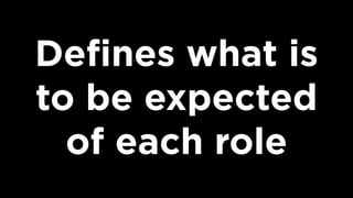 Deﬁnes what is
to be expected  
of each role
 