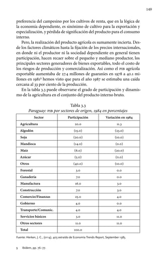 149
preferencia del campesino por los cultivos de renta, que en la lógica de
la economía dependiente, es sinónimo de cultivo para la exportación y
especialización, y pérdida de significación del producto para el consumo
interno.
Pero, la realización del producto agrícola es sumamente incierta. Des-
de los factores climáticos hasta la fijación de los precios internacionales,
en donde ni el productor ni la sociedad dependiente en general tienen
participación, hacen recaer sobre el pequeño y mediano productor, los
principales sectores generadores de bienes exportables, todo el costo de
los riesgos de producción y comercialización. Así como el pib agrícola
exportable aumentaba de 27.4 millones de guaraníes en 1978 a 40.1 mi-
llones en 19819
hemos visto que para el año 1987 se estimaba una caída
cercana al 33 por ciento de la producción.
En la tabla 3.3 puede observarse el grado de participación y dinamis-
mo de la agricultura en el conjunto del producto interno bruto.
Tabla 3.3
Paraguay: pib por sectores de origen, 1984 en porcentajes
Sector Participación Variación en 1984
Agricultura 20.0 11.3
Algodón (15.0) (23.0)
Soja (20.0) (10.0)
Mandioca (14.0) (0.0)
Maíz (6.0) (20.0)
Azúcar (5.0) (0.0)
Otros (40.0) (10.0)
Forestal 3.0 0.0
Ganadería 7.0 0.0
Manufactura 16.0 3.0
Construcción 7.0 3.0
Comercio/Finanzas 25.0 4.0
Gobierno 4.0 0.0
Transporte/Comunic. 4.0 4.0
Servicios básicos 3.0 11.0
Otros sectores 11.0 11.0
Total 100.0
Fuente: Herken, J. C., (0114), 403 extraído de Economía Trends Report, September 1985.
9 	 Ibídem, pp. 76–77.
 