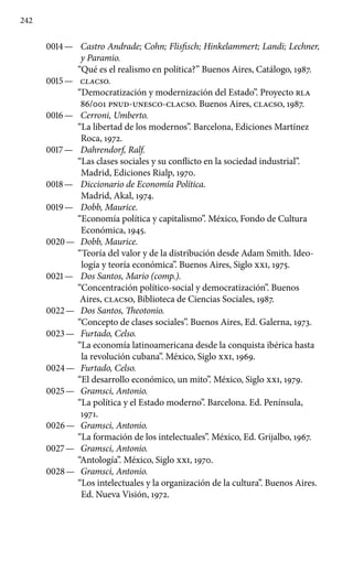 242
0014 —	 Castro Andrade; Cohn; Flisfisch; Hinkelammert; Landi; Lechner,
y Paramio.
“Qué es el realismo en política?” Buenos Aires, Catálogo, 1987.
0015 —	 clacso.
“Democratización y modernización del Estado”. Proyecto rla
86/001 pnud-unesco-clacso. Buenos Aires, clacso, 1987.
0016 —	 Cerroni, Umberto.
“La libertad de los modernos”. Barcelona, Ediciones Martínez
Roca, 1972.
0017 —	 Dahrendorf, Ralf.
“Las clases sociales y su conflicto en la sociedad industrial”.
Madrid, Ediciones Rialp, 1970.
0018 —	 Diccionario de Economía Política.
Madrid, Akal, 1974.
0019 —	 Dobb, Maurice.
“Economía política y capitalismo”. México, Fondo de Cultura
Económica, 1945.
0020 —	 Dobb, Maurice.
“Teoría del valor y de la distribución desde Adam Smith. Ideo-
logía y teoría económica”. Buenos Aires, Siglo xxi, 1975.
0021 —	 Dos Santos, Mario (comp.).
“Concentración político-social y democratización”. Buenos
Aires, clacso, Biblioteca de Ciencias Sociales, 1987.
0022 —	 Dos Santos, Theotonio.
“Concepto de clases sociales”. Buenos Aires, Ed. Galerna, 1973.
0023 —	 Furtado, Celso.
“La economía latinoamericana desde la conquista ibérica hasta
la revolución cubana”. México, Siglo xxi, 1969.
0024 —	 Furtado, Celso.
“El desarrollo económico, un mito”. México, Siglo xxi, 1979.
0025 —	 Gramsci, Antonio.
“La política y el Estado moderno”. Barcelona. Ed. Península,
1971.
0026 —	 Gramsci, Antonio.
“La formación de los intelectuales”. México, Ed. Grijalbo, 1967.
0027 —	 Gramsci, Antonio.
“Antología”. México, Siglo xxi, 1970.
0028 —	 Gramsci, Antonio.
“Los intelectuales y la organización de la cultura”. Buenos Aires.
Ed. Nueva Visión, 1972.
 