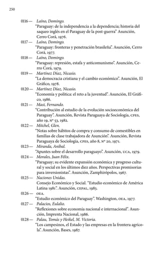 250
0116 —	 Laíno, Domingo.
“Paraguay: de la independencia a la dependencia; historia del
saqueo inglés en el Paraguay de la post-guerra” Asunción,
Cerro Corá, 1976.
0117 —	 Laíno, Domingo.
“Paraguay: fronteras y penetración brasileña”. Asunción, Cerro
Corá, 1977.
0118 —	 Laíno, Domingo.
“Paraguay: represión, estafa y anticomunismo”. Asunción, Ce-
rro Corá, 1979.
0119 —	 Martínez Díaz, Nicasio.
“La democracia cristiana y el cambio económico”. Asunción, El
Gráfico, 1978.
0120 —	 Martínez Díaz, Nicasio.
“Economía y política: el reto a la juventud”. Asunción, El Gráfi-
co, 1986.
0121 —	 Masi, Fernando.
“Contribución al estudio de la evolución socioeconómica del
Paraguay”. Asunción, Revista Paraguaya de Sociología, cpes,
año 19, No 53, 1982.
0122 —	 Mitchel, Glen.
“Notas sobre hábitos de compra y consumo de comestibles en
familias de clase trabajadora de Asunción”. Asunción, Revista
Paraguaya de Sociología, cpes, año 8, No 20, 1971.
0123 —	 Miranda, Aníbal.
“Apuntes sobre el desarrollo paraguayo”. Asunción, UCA, 1979.
0124 —	 Morales, Juan Félix.
“Paraguay; su evidente expansión económica y progreso cultu-
ral y social en los últimos diez años. Perspectivas promisorias
para inversionistas”. Asunción, Zamphirópolos, 1967.
0125 —	 Naciones Unidas.
Consejo Económico y Social. “Estudio económico de América
Latina 1981”. Asunción, CEPAL, 1983.
0126 —	 OEA.
“Estudio económico del Paraguay”. Washington, OEA, 1977.
0127 —	 Palacios, Eulalio.
“Reflexiones sobre economía nacional e internacional”. Asun-
ción, Imprenta Nacional, 1986.
0128 —	 Palau, Tomás y Heikel, M. Victoria.
“Los campesinos, el Estado y las empresas en la frontera agríco-
la”. Asunción, Bases, 1987.
 