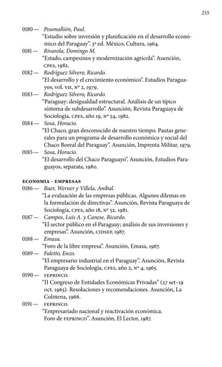 255
0180 —	 Poumallión, Paul.
“Estudio sobre inversión y planificación en el desarrollo econó-
mico del Paraguay”. 3a ed. México, Cultura, 1964.
0181 —	 Rivarola, Domingo M.
“Estado, campesinos y modernización agrícola”. Asunción,
cpes, 1982.
0182 —	 Rodríguez Silvero, Ricardo.
“El desarrollo y el crecimiento económico”. Estudios Paragua-
yos, vol. VII, No 2, 1979.
0183 —	 Rodríguez Silvero, Ricardo.
“Paraguay: desigualdad estructural. Análisis de un típico
síntoma de subdesarrollo”. Asunción, Revista Paraguaya de
Sociología, cpes, año 19, No 54, 1982.
0184 —	 Sosa, Horacio.
“El Chaco, gran desconocido de nuestro tiempo. Pautas gene-
rales para un programa de desarrollo económico y social del
Chaco Boreal del Paraguay”. Asunción, Imprenta Mili­tar, 1979.
0185 —	 Sosa, Horacio.
“El desarrollo del Chaco Paraguayo”. Asunción, Estudios Para-
guayos, separata, 1980.
ECONOMIA - EMPRESAS
0186 —	 Baer, Werner y Villela, Aníbal.
“La evaluación de las em­presas públicas. Algunos dilemas en
la formulación de directivas”. Asunción, Revista Paraguaya de
Sociología, cpes, año 18, No 52. 1981.
0187 —	 Campos, Luis A. y Canese, Ricardo.
“El sector público en el Paraguay; análisis de sus inversiones y
empresas”. Asunción, CIDSEP, 1987.
0188 —	 Emasa.
“Foro de la libre empresa”. Asunción, Emasa, 1967.
0189 —	 Faletto, Enzo.
“El empresario industrial en el Paraguay”. Asunción, Revista
Paraguaya de Sociología, cpes, año 2, No 4, 1965.
0190 —	 feprinco.
“II Congreso de Entidades Económicas Privadas” (27 set–19
oct. 1965). Resoluciones y recomendaciones. Asunción, La
Colmena, 1966.
0191 —	 feprinco.
“Empresariado nacional y reactivación económi­ca.
Foro de feprinco”. Asunción, El Lector, 1987.
 