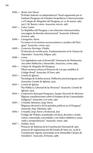 280
0496 —	 Bonín, José María.
“El Poder Judicial: su independencia”. Panel organizado por el
Instituto Paraguayo de Estudios Geopolíticos e Internacionales
y el Colegio de Abogados del Paraguay, 30–31 de marzo, 1987,
por J. M. Bonín y otros. Asunción, IPEGIE, 1987.
0497 —	 Calvo, Carlos.
“La República del Paraguay y sus relaciones internacionales,
una página de derecho internacional”. Asunción, Editorial
Araverá, 1985.
0498 —	 Castagnino, Darío.
“La mujer en el contexto socioeconómico y jurídico del Para-
guay”. Asunción, CEPEP, 1975.
0499 —	 Centurión Morínigo, Ubaldo.
“El derecho de rectificación. Fundamentación en la Cámara de
Diputados”. Asunción, Edipar, 1987.
0500 —	 CEPEP.
“Los legisladores ante el desarrollo”. Seminario de Parlamenta-
rios sobre Población y Desarrollo. Asunción, CEPEP, 1984.
0501 —	 Colegio de Abogados del Paraguay,
“Observaciones críticas al Proyecto de Ley que modifica el
Código Penal”. Asunción, El Foro, 1987.
0502 —	 Comité de Iglesias.
“Sociología de la delincuencia. Población penal paraguaya 1978”.
Asunción, Comité de Iglesias, 1979.
0503 —	 Comité de Iglesias.
“Paz Pública y Libertad de las Personas”. Asunción, Comité de
Iglesias, 1979.
0504 —	 Conferencia Episcopal Paraguaya. Equipo Nacional de Misiones.
“Algunas consideraciones sobre el Estatuto de las Comunidades
Indígenas”. Asunción, CEP-ENM, 1987.
0505 —	 Cristaldo Montaner, Jorge Darío.
“Régimen electoral y de los partidos políticos en el Paraguay”.
Asunción, Imp. Salesiana, 1987.
0506 —	 Cristaldo, Jorge Darío y Kriskovich, José.
“Código del Trabajo; actualizado con leyes, decretos y resolu-
ciones; comentado, concordado y con índice alfabético, suma-
riado y jurispru­dencias”. Asunción, FIDES, 1987.
0507 —	 Doldán, Enzo.
“Proyecto de Reforma de la Constitución Nacio­nal de 1967,
proyecto de reglamentación del Estado de Sitio, art. 79 de la
Constitución vigente, presentado en la Honorable Cámara de
Senadores”. Asunción, El Enano, 1986.
 