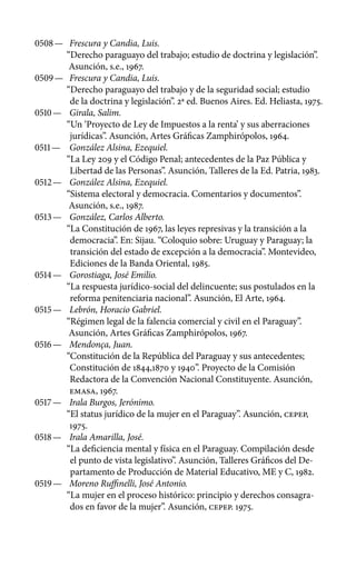 0508 —	 Frescura y Candia, Luis.
“Derecho paraguayo del trabajo; es­tudio de doctrina y legislación”.
Asunción, s.e., 1967.
0509 —	 Frescura y Candia, Luis.
“Derecho paraguayo del trabajo y de la seguridad social; estudio
de la doctrina y legislación”. 2a ed. Buenos Aires. Ed. Heliasta, 1975.
0510 —	 Girala, Salim.
“Un ‘Proyecto de Ley de Impuestos a la renta’ y sus aberraciones
jurídicas”. Asunción, Artes Gráficas Zamphirópolos, 1964.
0511 —	 González Alsina, Ezequiel.
“La Ley 209 y el Código Penal; antecedentes de la Paz Pública y
Libertad de las Personas”. Asun­ción, Talleres de la Ed. Patria, 1983.
0512 —	 González Alsina, Ezequiel.
“Sistema electoral y democracia. Comentarios y documentos”.
Asunción, s.e., 1987.
0513 —	 González, Carlos Alberto.
“La Constitución de 1967, las leyes represivas y la transición a la
democracia”. En: Sijau. “Coloquio sobre: Uruguay y Paraguay; la
transición del estado de excepción a la democracia”. Montevideo,
Ediciones de la Banda Oriental, 1985.
0514 —	 Gorostiaga, José Emilio.
“La respuesta jurídico-social del delincuente; sus postulados en la
reforma penitenciaria nacional”. Asunción, El Arte, 1964.
0515 —	 Lebrón, Horacio Gabriel.
“Régimen legal de la falencia comercial y civil en el Paraguay”.
Asunción, Artes Gráficas Zamphirópolos, 1967.
0516 —	 Mendonça, Juan.
“Constitución de la República del Paraguay y sus antecedentes;
Constitución de 1844,1870 y 1940”. Proyecto de la Comisión
Redactora de la Convención Nacional Constituyente. Asunción,
EMASA, 1967.
0517 —	 Irala Burgos, Jerónimo.
“El status jurídico de la mujer en el Paraguay”. Asunción, CEPEP,
1975.
0518 —	 Irala Amarilla, José.
“La deficiencia mental y física en el Paraguay. Compilación desde
el punto de vista legislativo”. Asunción, Talleres Gráficos del De-
partamento de Producción de Material Educativo, ME y C, 1982.
0519 —	 Moreno Ruffinelli, José Antonio.
“La mujer en el proceso histórico: principio y derechos consagra-
dos en favor de la mujer”. Asunción, CEPEP. 1975.
 