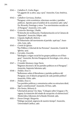 284
0541 —	 Caballero F., Carlos Roger.
“Un gigante de 25 años, 1954–1979”. Asunción, Casa América,
1980.
0542 —	 Caballero Carrizosa, Esteban.
“Paraguay: crisis económica, relaciones sociales y partidos
políticos. Apuntes para el análisis de la coyuntura 1982–1984”.
En: Rivarola, Domingo y otros: “Los movimientos sociales en
el Paraguay”. Asunción, cpes, 1986.
0543 —	 Centurión Morínigo, Ubaldo.
“El derecho de rectificación. Fundamentación en la Cámara de
Diputados”. Asunción, Edipar, 1987.
0544 —	 Céspedes Ruffinelli, Roberto.
“El Febrerismo: del movimi­ento al partido. 1936/1951”. Asun-
ción, Luxe, 1983.
0545 —	 Comité de Iglesias.
“Paz Pública y Libertad de las Personas”. Asunción, Comité de
Iglesias, 1979.
0546 —	 Corvalán, Graziella.
“Ideologías y origen social de los grupos políticos en el Para-
guay”. Asunción, Revista Paraguaya de Socio­logía, cpes, año 9,
Nº 23, 1972.
0547 —	 Cristaldo Montaner, Jorge Darío.
“Régimen electoral y de los partidos políticos en el Paraguay”.
Asunción, Imprenta Salesiana 1987.
0548 —	 Doldán, Enzo A.
“Reflexiones sobre el liberalismo y partidos políticos del
Paraguay; con el ideario programa de cada partido político”.
Asunción, Orbis, 1980.
0549 —	 Doldán, Enzo A.
“Los partidos políticos y comentarios sobre su estructura ideal,
legal y constitucional”. Asunción, El Foro, 1986.
0550 —	 Dos Santos, Belisario Jr.
“Libertad de prensa”. En: Sijau. “Coloquio sobre Uruguay y Pa-
raguay; la transición del estado de excepción a la democracia”.
Montevideo, Ediciones de la Banda Oriental, 1985.
0551 —	 Duran Estragó, Margarita.
“Diálogo nacional, urgencia de nuestro tiempo”. Asunción,
Universidad Católica, 1987.
 