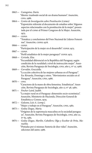 312
0863 —	 Castagnino, Darío.
“Aborto: trasfondo social de un drama humano”. Asunción,
cpes, 1986.
0864 —	 Centro de Investigación sobre Prostitución (CIPRO)
“Exposición referente al documento de estudios sobre ‘Algunos
aspectos relacionados con la prostitución de la mujer”, presen-
tada por el CIPRO al Primer Congreso de la Mujer. Asunción,
1975.
0865 —	 CEPEP.
“Temática y conclusiones del Foro Nacional de Líderes Femeni-
nas”. Asunción, CEPEP, 1976.
0866 —	 CEPEP.
“Participación de la mujer en el desarrollo”. CEPEP, 1975.
0867 —	 CEPEP.
“Perfil estadístico de la mujer paraguaya” CEPEP, 1975.
0868 —	 Cerisola, Elsa.
“Fecundidad diferencial en la República del Paraguay, según
condición de la ruralidad y nivel de instrucción mujer”. Asun-
ción, Revista Paraguaya de Sociología, cpes, año 5, Nº 12, 1968.
0869 —	 Corvalán, Grazziella.
“La acción colectiva de las mujeres urbanas en el Paraguay”.
En: Rivarola, Domingo y otros. “Movimientos sociales en el
Paraguay”. Asunción, cpes, 1986.
0870 —	 cpes.
“Caracteres de la mano de obra femenina. Estadísticas”. Asun-
ción, Revista Paraguaya de Sociología, año 17, Nº 48, 1980.
0871 —	 Fincher Laird, Judith.
“La mujer rural en el Paraguay: dimensión socio-económica”.
Asunción, Ministerio de Hacienda, Dirección General de
Estadística y Censos, 1979.
0872 —	 Galeano, Luis A. (comp.).
“Mujer y trabajo en el Paraguay”. Asunción, cpes, 1982.
0873 —	 Godoy Ziogas, María.
“Orígenes de la supremacía masculina en la sociedad paragua-
ya”. Asunción, Revista Paraguaya de Sociolo­gía, cpes, año 22,
Nº 63, 1985.
0874 —	 Godoy Ziogas, Marilín, Caballero, Olga y Escobar de Peña, Ma-
nuelita.
“Pintadas por sí mismas: historia de diez vidas”. Asunción,
ediciones del autor, 1986.
 