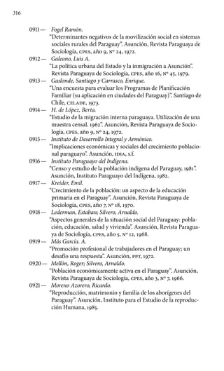 316
0911 —	 Fogel Ramón.
“Determinantes negativos de la movilización social en sistemas
sociales rurales del Paraguay”. Asunción, Revista Paraguaya de
Sociología, cpes, año 9, Nº 24, 1972.
0912 —	 Galeano, Luis A.
“La política urbana del Estado y la inmigración a Asunción”.
Revista Paraguaya de Sociología, cpes, año 16, Nº 45, 1979.
0913 —	 Gaslonde, Santiago y Carrasco, Enrique.
“Una encuesta para evaluar los Programas de Planificación
Familiar (su aplicación en ciudades del Paraguay)”. Santiago de
Chile, CELADE, 1973.
0914 —	 H. de López, Berta.
“Estudio de la migración interna paraguaya. Utilización de una
muestra censal. 1962”. Asunción, Revista Paraguaya de Socio-
logía, cpes, año 9, Nº 24, 1972.
0915 —	 Instituto de Desarrollo Integral y Armónico.	
“Implica­ciones económicas y sociales del crecimiento poblacio-
nal paragua­yo”. Asunción, IDIA, s.f.
0916 —	 Instituto Paraguayo del Indígena.
“Censo y estudio de la población indígena del Paraguay, 1981”.
Asunción, Instituto Para­guayo del Indígena, 1982.
0917 —	 Kreider, Emil.
“Crecimiento de la población: un aspecto de la educación
primaria en el Paraguay”. Asunción, Revista Paraguaya de
Sociología, cpes, año 7, Nº 18, 1970.
0918 —	 Lederman, Estaban; Silvero, Arnaldo.
“Aspectos generales de la situación social del Paraguay: pobla-
ción, educación, salud y vivienda”. Asunción, Revista Paragua-
ya de Sociología, cpes, año 5, Nº 12, 1968.
0919 —	 Más García. A.
“Promoción profesional de trabajadores en el Paraguay; un
desafío una respuesta”. Asunción, PPT, 1972.
0920 —	 Mellón, Roger; Silvero, Arnaldo.
“Población económicamente activa en el Paraguay”. Asunción,
Revista Para­guaya de Sociología, cpes, año 3, Nº 7, 1966.
0921 —	 Moreno Azorero, Ricardo.
“Reproducción, matrimonio y familia de los aborígenes del
Paraguay”. Asunción, Instituto para el Estudio de la reproduc-
ción Humana, 1985.
 
