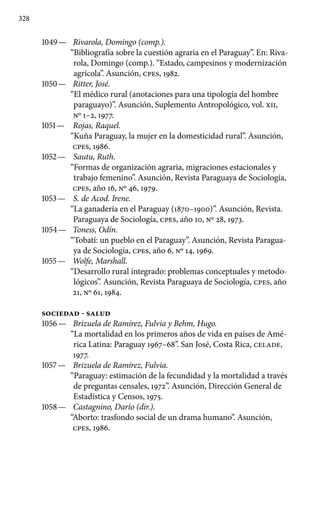 328
1049 —	 Rivarola, Domingo (comp.).
“Bibliografía sobre la cuestión agraria en el Paraguay”. En: Riva-
rola, Domingo (comp.). “Estado, campesinos y modernización
agrícola”. Asunción, cpes, 1982.
1050 —	 Ritter, José.
“El médico rural (anotaciones para una tipología del hombre
paraguayo)”. Asunción, Suplemento Antropológico, vol. XII,
Nº 1–2, 1977.
1051 —	 Rojas, Raquel.
“Kuña Paraguay, la mujer en la domesticidad rural”. Asunción,
cpes, 1986.
1052 —	 Sautu, Ruth.
“Formas de organización agraria, migraciones estacionales y
trabajo femenino”. Asunción, Revista Paraguaya de Sociología,
cpes, año 16, No 46, 1979.
1053 —	 S. de Acod. Irene.
“La ganadería en el Paraguay (1870–1900)”. Asunción, Revista.
Paraguaya de Sociología, cpes, año 10, Nº 28, 1973.
1054 —	 Toness, Odín.
“Tobatí: un pueblo en el Paraguay”. Asunción, Revista Paragua-
ya de Sociología, cpes, año 6, Nº 14, 1969.
1055 —	 Wolfe, Marshall.
“Desarrollo rural integrado: problemas con­ceptuales y metodo-
lógicos”. Asunción, Revista Paraguaya de Sociología, cpes, año
21, Nº 61, 1984.
SOCIEDAD - SALUD
1056 —	 Brizuela de Ramírez, Fulvia y Behm, Hugo.
“La mortalidad en los primeros años de vida en países de Amé-
rica Latina: Paraguay 1967–68”. San José, Costa Rica, CELADE,
1977.
1057 —	 Brizuela de Ramírez, Fulvia.
“Paraguay: estimación de la fecundidad y la mortalidad a través
de preguntas censales, 1972”. Asunción, Dirección General de
Estadística y Censos, 1975.
1058 —	 Castagnino, Darío (dir.).
“Aborto: trasfondo social de un drama humano”. Asunción,
cpes, 1986.
 