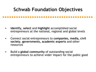 Schwab Foundation Objectives Identify,   select  and  highlight  accomplished social entrepreneurs at the national, regional and global levels    Connect social entrepreneurs to  companies, media,   civil society ,  governments, academic experts  and other resources Build a  global   community  of outstanding social entrepreneurs to achieve wider impact for the public good 