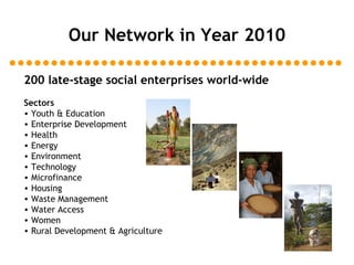 Our Network in Year 2010 200 late-stage social enterprises world-wide Sectors   Youth &  Education  Enterprise Development  Health  Energy  Environment  Technology  Microfinance Housing Waste Management  Water Access Women Rural Development & Agriculture 