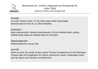 Aktualisierte S3 ‐ Leitlinie „Diagnostik und Therapie des M. 
Crohn“ 2014
Kapitel 8: Fertilität und Schwangerschaft
Steroide:
Im ersten Trimenon Dosis <15 mg, Risiko Lippen-Kiefer-Gaumenspalt.
Budesonid gilt als sicher (B), nur kleine Fallzahlen.
Azathioprin:
Daten widersprüchlich, dänische Kohortenstudie (2,9 fach erhöhtes Risiko), größere
CESAME-Studie zeigte kein erhöhtes Risiko für Anomalien.
Salazosulfapyridin:
Folsäuresubstitution 2mg pro Tag
Anti-TNF:
Gelten als sicher (B), werden ab dem zweiten Trimenon transplazentar auf Kind Übertragen.
Therapie sollte ab 20.(spätestens 30.) Woche unterbrochen werden. Wiederbeginn direkt
nach der Geburt, kein Übertritt in die Muttermilch
 