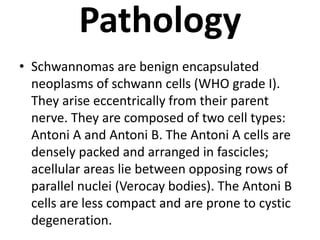 Pathology
• Schwannomas are benign encapsulated
neoplasms of schwann cells (WHO grade I).
They arise eccentrically from their parent
nerve. They are composed of two cell types:
Antoni A and Antoni B. The Antoni A cells are
densely packed and arranged in fascicles;
acellular areas lie between opposing rows of
parallel nuclei (Verocay bodies). The Antoni B
cells are less compact and are prone to cystic
degeneration.
 