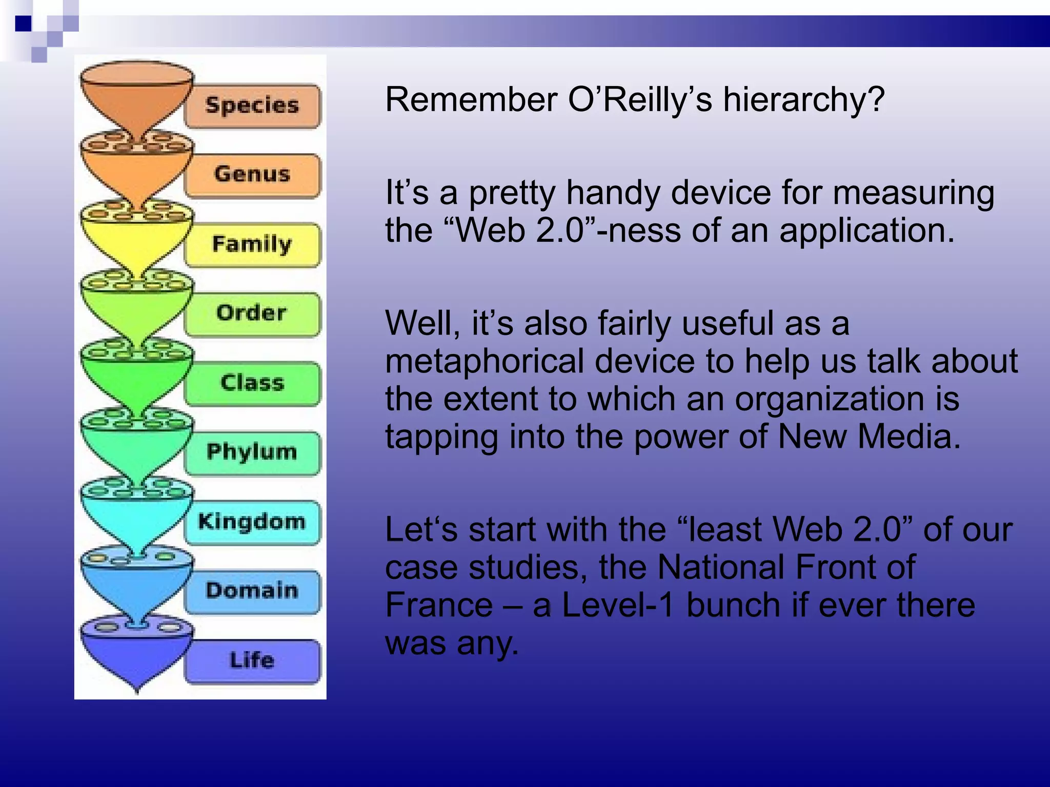 Remember O ’ Reilly ’ s hierarchy?  It ’ s a pretty handy device for measuring the  “Web 2.0”-ness of an application. Well, it ’ s also fairly useful as a metaphorical device to help us talk about the extent to which an organization is tapping into the power of New Media. Let‘s start with the  “least Web 2.0” of our case studies, the National Front of France – a Level-1 bunch if ever there was any. 