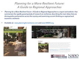Planning for a More Resilient Future:
A Guide to Regional Approaches
• Planning for a More Resilient Future: A Guide to Regional Approaches is a report and website that
summarizes the rapidly-growing body of research on resilience, describing the main ideas that are
driving policy and practice across the country and examining current thinking on regional and
economic resilience
• Available at: www.planningforresilience.com and www.NADO.org
 
