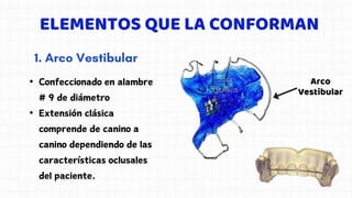 ELEMENTOS QUE LA CONFORMAN
• Confeccionado en alambre
# 9 de diámetro
• Extensión clásica
comprende de canino a
canino dependiendo de las
características oclusales
del paciente.
Arco
Vestibular
 