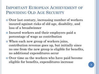 IMPORTANT EUROPEAN ACHIEVEMENT OF
PROVIDING OLD AGE SECURITY
 Over last century, increasing number of workers
insured against risks of old age, disability, and
loss of a breadwinner
 Insured workers and their employers paid a
percentage of wage as contribution
 When each new group of workers joins,
contribution revenue goes up, but initially since
no one from the new group is eligible for benefits,
no additional expenditures occur
 Over time as the workers who have paid become
eligible for benefits, expenditures increase
2
 