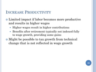 INCREASE PRODUCTIVITY
 Limited impact if labor becomes more productive
and results in higher wages
 Higher wages result in higher contributions
 Benefits after retirement typically not indexed fully
to wage growth, providing some gains
 Might be possible to tax growth from technical
change that is not reflected in wage growth
23
 