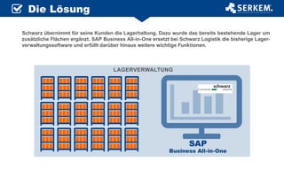 Die Lösung
Schwarz übernimmt für seine Kunden die Lagerhaltung. Dazu wurde das bereits bestehende Lager um
zusätzliche Flächen ergänzt. SAP Business All-in-One ersetzt bei Schwarz Logistik die bisherige Lager-
verwaltungssoftware und erfüllt darüber hinaus weitere wichtige Funktionen.
SAP
Business All-in-One
LAGERVERWALTUNG
 