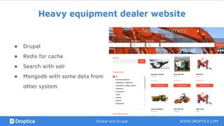 Heavy equipment dealer website
WWW.DROPTICA.COMDocker and Drupal
● Drupal
● Redis for cache
● Search with solr
● Mongodb with some data from
other system
 