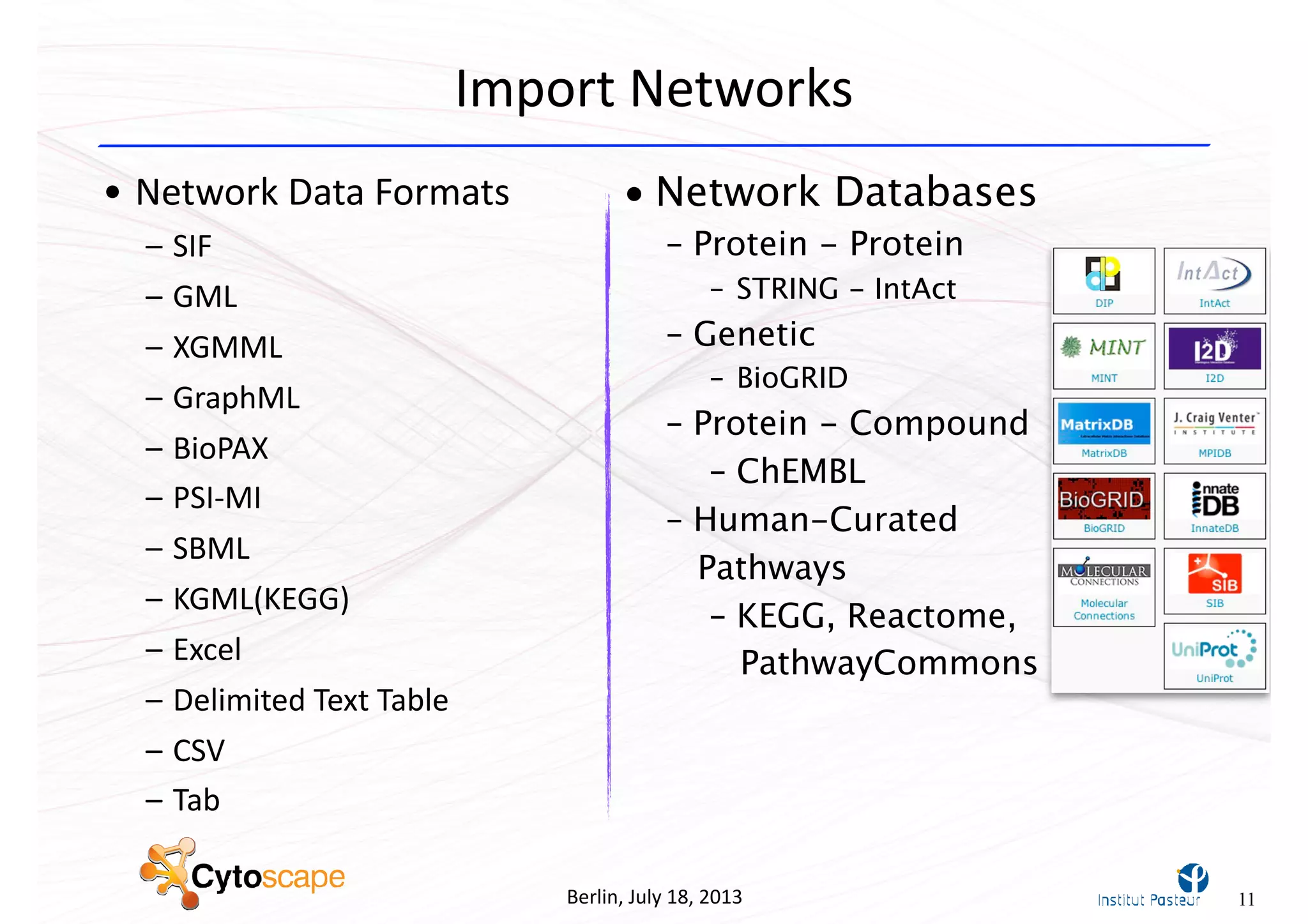 Berlin,	
  July	
  18,	
  2013
Import	
  Networks
11
• Network	
  Data	
  Formats
– SIF
– GML
– XGMML
– GraphML
– BioPAX
– PSI-­‐MI
– SBML
– KGML(KEGG)
– Excel
– Delimited	
  Text	
  Table
– CSV
– Tab
• Network Databases
– Protein - Protein
– STRING - IntAct
– Genetic
– BioGRID
– Protein - Compound
– ChEMBL
– Human-Curated
Pathways
– KEGG, Reactome,
PathwayCommons
 