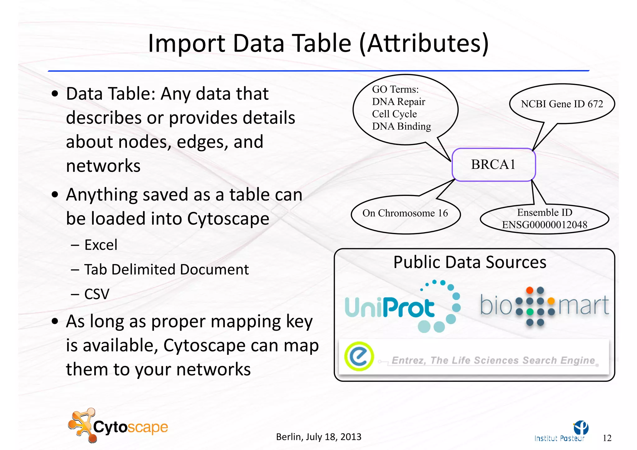 Berlin,	
  July	
  18,	
  2013
Import	
  Data	
  Table	
  (A[ributes)
• Data	
  Table:	
  Any	
  data	
  that	
  
describes	
  or	
  provides	
  details	
  
about	
  nodes,	
  edges,	
  and	
  
networks
• Anything	
  saved	
  as	
  a	
  table	
  can	
  
be	
  loaded	
  into	
  Cytoscape
– Excel
– Tab	
  Delimited	
  Document
– CSV
• As	
  long	
  as	
  proper	
  mapping	
  key	
  
is	
  available,	
  Cytoscape	
  can	
  map	
  
them	
  to	
  your	
  networks
12
BRCA1
GO Terms:
DNA Repair
Cell Cycle
DNA Binding
NCBI Gene ID 672
On Chromosome 16 Ensemble ID
ENSG00000012048
Public	
  Data	
  Sources
 