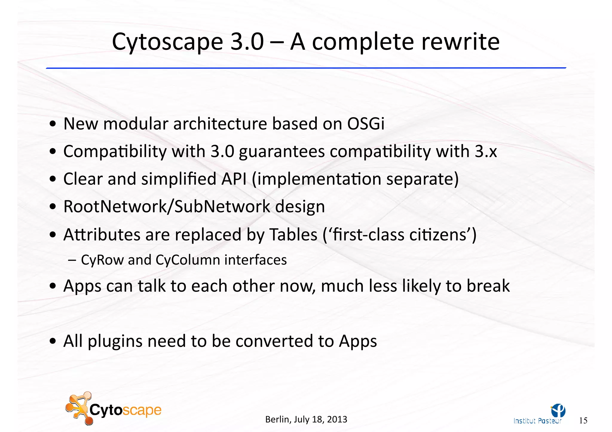 Berlin,	
  July	
  18,	
  2013
Cytoscape	
  3.0	
  –	
  A	
  complete	
  rewrite
• New	
  modular	
  architecture	
  based	
  on	
  OSGi
• Compa^bility	
  with	
  3.0	
  guarantees	
  compa^bility	
  with	
  3.x
• Clear	
  and	
  simpliﬁed	
  API	
  (implementa^on	
  separate)
• RootNetwork/SubNetwork	
  design
• Acributes	
  are	
  replaced	
  by	
  Tables	
  (‘ﬁrst-­‐class	
  ci^zens’)
– CyRow	
  and	
  CyColumn	
  interfaces	
  
• Apps	
  can	
  talk	
  to	
  each	
  other	
  now,	
  much	
  less	
  likely	
  to	
  break
• All	
  plugins	
  need	
  to	
  be	
  converted	
  to	
  Apps
15
 