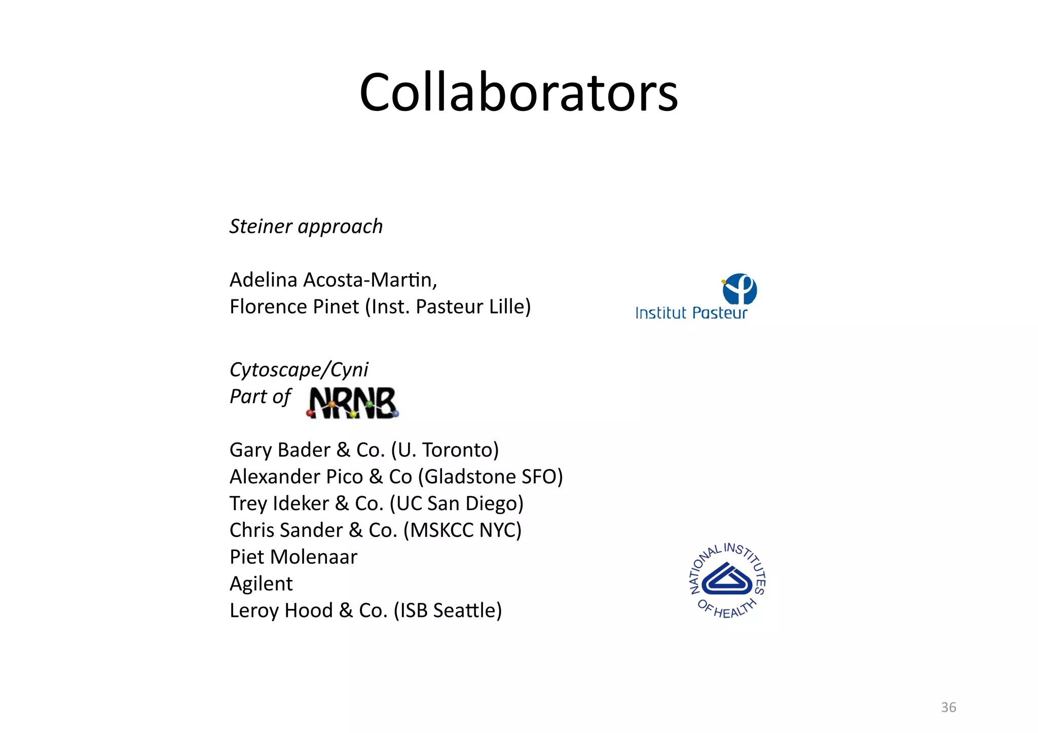 Steiner	
  approach
Adelina	
  Acosta-­‐Mar(n,
Florence	
  Pinet	
  (Inst.	
  Pasteur	
  Lille)
Cytoscape/Cyni
Part	
  of	
  	
  
Gary	
  Bader	
  &	
  Co.	
  (U.	
  Toronto)
Alexander	
  Pico	
  &	
  Co	
  (Gladstone	
  SFO)
Trey	
  Ideker	
  &	
  Co.	
  (UC	
  San	
  Diego)
Chris	
  Sander	
  &	
  Co.	
  (MSKCC	
  NYC)
Piet	
  Molenaar
Agilent
Leroy	
  Hood	
  &	
  Co.	
  (ISB	
  Sea[le)
Collaborators
36
 