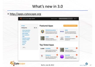 Berlin,	
  July	
  18,	
  2013
What’s	
  new	
  in	
  3.0
• hcp://apps.cytoscape.org
17
 