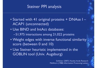 Steiner PPI analysis
• Started with 41 original proteins + DNAse I –
ACAP1 (unconnected)
• Use BIND and IntAct databases:
–51,975 interactions among 21,022 proteins
• Weight edges with inverse functional similarity
score (between 0 and 10)
• Use Steiner heuristic implemented in the
GOBLIN tool (Univ. Augsburg)
26
Schlicker (2007), Nucleic Acids Research
Mehlhorn (1988) Information Processing Letters
 