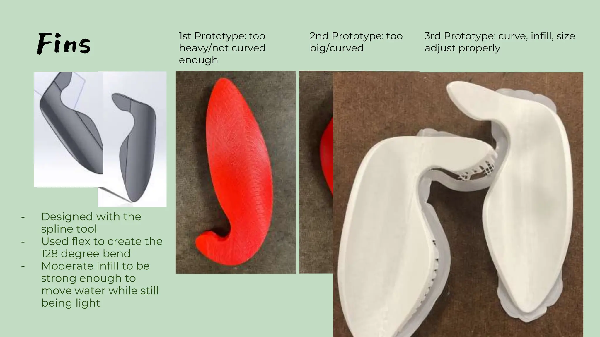 Fins
- Designed with the
spline tool
- Used flex to create the
128 degree bend
- Moderate infill to be
strong enough to
move water while still
being light
2nd Prototype: too
big/curved
1st Prototype: too
heavy/not curved
enough
3rd Prototype: curve, infill, size
adjust properly
 
