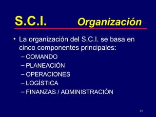 S.C.I. Organización La organización del S.C.I. se basa en cinco componentes principales: COMANDO PLANEACIÓN OPERACIONES LOGÍSTICA FINANZAS / ADMINISTRACIÓN 