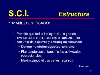 S.C.I. Estructura MANDO UNIFICADO:  Permite que todas las agencias o grupos involucrados en el incidente establezcan un conjunto de objetivos y estrategias comunes: Determinando los objetivos centrales Planeando conjuntamente las actividades operacionales Maximizando el uso de los recursos Continúa 