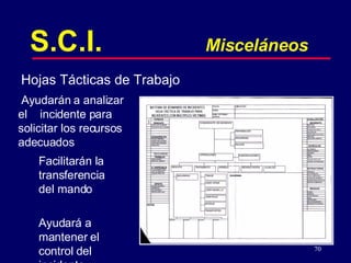S.C.I. Misceláneos Hojas Tácticas de Trabajo Facilitarán la transferencia del mando Ayudará a mantener el control del incidente Ayudarán a analizar el  incidente para solicitar los recursos adecuados 