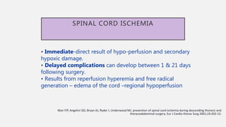 • Immediate-direct result of hypo-perfusion and secondary
hypoxic damage.
• Delayed complications can develop between 1 & 21 days
following surgery.
• Results from reperfusion hyperemia and free radical
generation – edema of the cord –regional hypoperfusion
SPINAL CORD ISCHEMIA
Wan IYP, Angelini GD, Bryan AJ, Ryder I, Underwood MJ. prevention of spinal cord ischemia during descending thoracic and
thoracoabdominal surgery. Eur J Cardio-thorac Surg 2001;19:203-13.
 