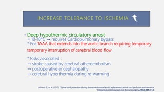 • Deep hypothermic circulatory arrest
= 10-18°C → requires Cardiopulmonary bypass
* For TAAA that extends into the aortic branch requiring temporary
temporary interruption of cerebral blood flow
* Risks associated :
→ stroke caused by cerebral atheroembolism
→ postoperative encephalopathy
→ cerebral hyperthermia during re-warming
INCREASE TOLERANCE TO ISCHEMIA
Uchino, G., et al. (2017). "Spinal cord protection during thoracoabdominal aortic replacement: spinal cord perfusion maintenance.
" Interactive cardiovascular and thoracic surgery 24(5): 708-713.
 