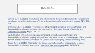 JOURNAL
• Uchino, G., et al. (2017). "Spinal cord protection during thoracoabdominal aortic replacement:
spinal cord perfusion maintenance." Interactive cardiovascular and thoracic surgery 24(5): 708-
713.
• Drinkwater, S., et al. (2010). "The incidence of spinal cord ischaemia following thoracic and
thoracoabdominal aortic endovascular intervention." European Journal of Vascular and
Endovascular Surgery 40(6): 729-735.
• Etz, C. D., et al. (2015). Contemporary spinal cord protection during thoracic and
thoracoabdominal aortic surgery and endovascular aortic repair: a position paper of the vascular
domain of the European Association for Cardio-Thoracic Surgery, Oxford University Press.
• Bisdas, T., et al. (2015). "Risk factors for spinal cord ischemia after endovascular repair of
thoracoabdominal aortic aneurysms." Journal of vascular surgery 61(6): 1408-1416.
 