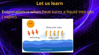 Let us learn
Evaporation-is when heat turns a liquid into gas
( vapor).
 