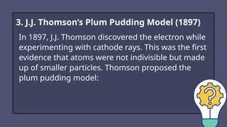 In 1897, J.J. Thomson discovered the electron while
experimenting with cathode rays. This was the first
evidence that atoms were not indivisible but made
up of smaller particles. Thomson proposed the
plum pudding model:
3. J.J. Thomson’s Plum Pudding Model (1897)
 
