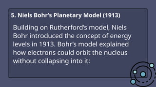 Building on Rutherford’s model, Niels
Bohr introduced the concept of energy
levels in 1913. Bohr’s model explained
how electrons could orbit the nucleus
without collapsing into it:
5. Niels Bohr’s Planetary Model (1913)
 