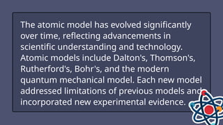 The atomic model has evolved significantly
over time, reflecting advancements in
scientific understanding and technology.
Atomic models include Dalton's, Thomson's,
Rutherford's, Bohr's, and the modern
quantum mechanical model. Each new model
addressed limitations of previous models and
incorporated new experimental evidence.
 