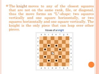  The knight moves to any of the closest squares
that are not on the same rank, file, or diagonal,
thus the move forms an "L"-shape: two squares
vertically and one square horizontally, or two
squares horizontally and one square vertically. The
knight is the only piece that can leap over other
pieces.
 