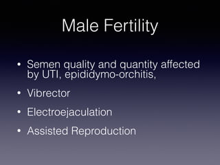 Male Fertility
• Semen quality and quantity affected
by UTI, epididymo-orchitis,
• Vibrector
• Electroejaculation
• Assist...
